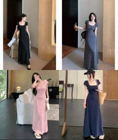 [AI25] Berylstore Slim Fit Short Sleeve Plain Dress French Style Elegant Highwaist Casual Maxi Dress