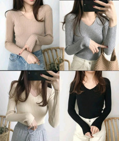 [AI57] MODA V-NECK LONG SLEEVE SOFT KNITTED TOP M1213
