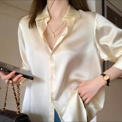 [AI79] WOMENS SOLID COLOR SATIN LONG SLEEVE SHIRT TOP