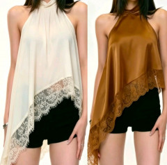 [AI83] HIGH NECK HALTER TOP WITH LACE TRIM ELEGANT SLEEVELESS
