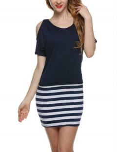 Elegant Women OL Stripe Short Sleeve Off Shoulder Slim Stitching Dress S-XXL