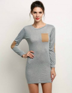 YC tylish Women Casual O-Neck Long Sleeve Slim Bodycon Mini Dress Pocket Pencil Dress