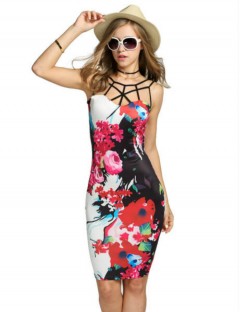 YC New Sexy Women Strap Floral Print Bodycon Dress Package Hip Casual Club Mini Pencil Dress