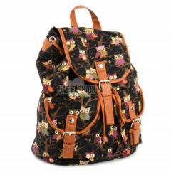 Women Cute Cartoon Owls Pattern Canvas Backpack Shoulder Bag Students Schoolbag Book Bag 