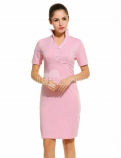 YC Women V-Neck Short Sleeve Half Button Solid Bodycon Party Pencil Dress