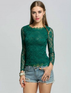 Women Sheer Solid Lace Shirt Floral Long Sleeve Slim Tops T-Shirt Blouse M-XXL