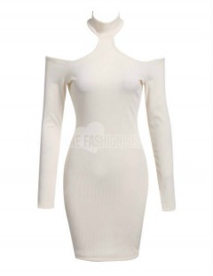 YC Sexy Women Knitted Halter Cold Shoulder Long Sleeve Bodycon Pencil Mini Dress 