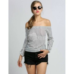 Sexy Women Boat Neck Long Sleeve Striped T-shirt Off-Shoulder Chiffon Shirt Tops