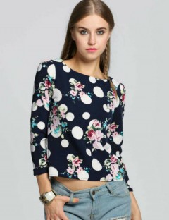New Lady Womens Polka Dot Floral Printed O-Neck Long Sleeve Roll-up Cuffs Tops Blouses 