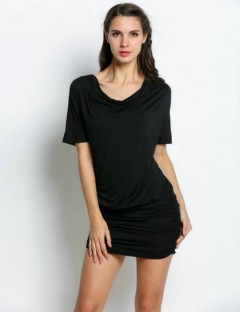YC New Fashion Women Casual Stretch Batwing Sleeve Bodycon Soft Mini Dress With Drape Front 