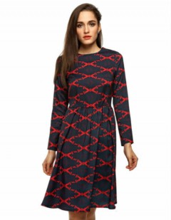 Women Fashion Round Neck Long Sleeve High Waist Print A-Line Midi Dress 
