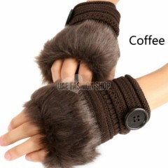 Fashion Winter Warm Women Button Faux Fur Knit Crochet Fingerless Gloves Wrist Hand Warmer