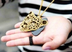 Rhinestone Leopard Tiger Head Chain Necklace Sweater Golden 
