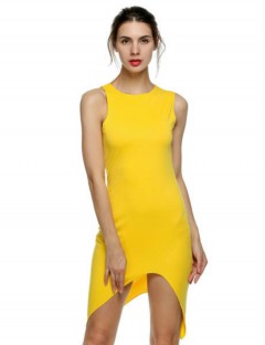 YC Sexy Women O-Neck Sleeveless Asymmetric Hem Solid Slim Bodycon Split Casual Dress