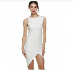 YC Sexy Women O-Neck Sleeveless Asymmetric Hem Solid Slim Bodycon Split Casual Dress