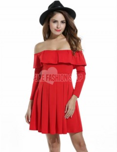 Women Off Shoulder Ruffles Long Sleeve Cocktail Party Pleated Dress 