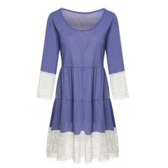 Stylish Ladies Women 3/4 Sleeve High Waist Lace Patchwork Mini Loose Casual Dress