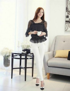 Sweet Ladies Women Chiffon Hollow Out Shoulder 3/4 Sleeve Dot Printed Lace Blouse