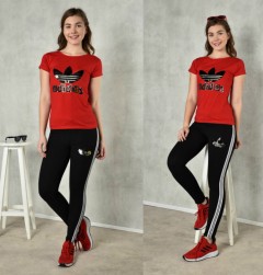 ADIDAS Ladies T-Shirt And Pants Set (RED - BLACK) (S - M - L - XL)