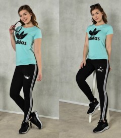 ADIDAS Ladies T-Shirt And Pants Set (LIGHT BLUE - BLACK) (S - M - L - XL) 