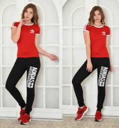 ADIDAS Ladies T-Shirt And Pants Set (RED - BLACK) (S - M - L - XL)