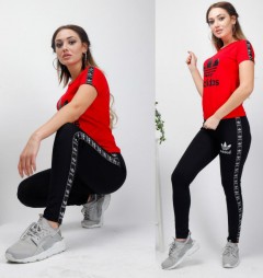 ADIDAS Ladies T-Shirt And Pants Set (RED - BLACK) (S - M - L - XL) 