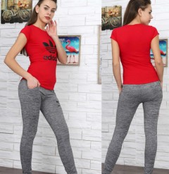 ADIDAS Ladies T-Shirt And Pants Set (RED - BLACK) (S - M - L - XL) 