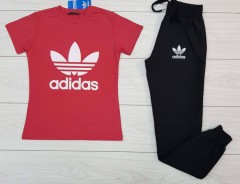 ADIDAS Ladies T-Shirt And Pants Set (RED - BLACK) (S - M - L - XL - XXL) 