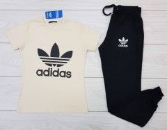 ADIDAS Ladies T-Shirt And Pants Set (LIGHT YELLOW - BLACK) (S - M - L - XL - XXL)