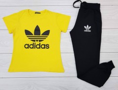 ADIDAS Ladies T-Shirt And Pants Set (LIGHT YELLOW - BLACK) (M - L - XL - XXL) 