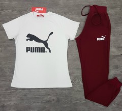PUMA Ladies T-Shirt And Pants Set (WHITE - MAROON) (S - M - L - XL - XXL)