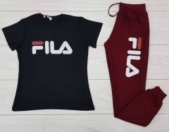 FILA Ladies T-Shirt And Pants Set (BLACK - MAROON) (S - M - L - XL)