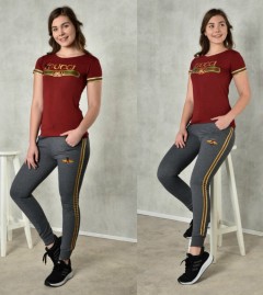 GUCCI Ladies T-Shirt And Pants Set (MAROON - GRAY) (S - M - L - XL) 