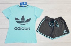 ADIDAS Ladies T-Shirt And Short Set (LIGHT BLUE - GRAY) (MD) (S - M - L - XL) (Made in Turkey)