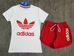 ADIDAS Ladies T-Shirt And Short Set (WHITE - RED) (MD) (S - M - L - XL) (Made in Turkey)