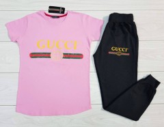 GUCCI Ladies T-Shirt And Pants Set (PINK - BLACK) (MD) (S - M - L - XL) (Made in Turkey) (