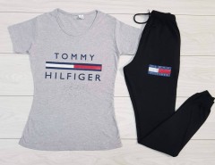 TOMMY - HILFIGER Ladies T-Shirt And Pants Set (GRAY - BLACK) (MD) (S - M - L - XL) (Made in Turkey) 