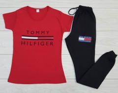 TOMMY - HILFIGER Ladies T-Shirt And Pants Set (RED - BLACK) (MD) (S - M - L - XL) (Made in Turkey) (I