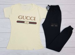 GUCCI Ladies T-Shirt And Pants Set (LIGHT YELLOW - BLACK) (MD) (S - L - XL - XXL) (Made in Turkey)