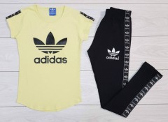 ADIDAS Ladies T-Shirt And Pants Set (YELLOW - BLACK) (MD) (S - M - L - XL) (Made in Turkey)