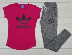 ADIDAS  Ladies T-Shirt And Pants Set (PINK - GRAY) (MD) (S - M - L - XL) (Made in Turkey)