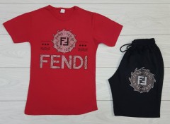 FENDI Ladies T-Shirt And Short Set (RED - BLACK) (MD) (S - M - L - XL) (Made in Turkey )