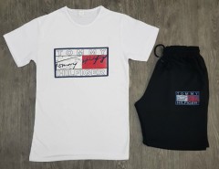 TOMMY - HILFIGER Mens T-Shirt And Short Set (WHITE - BLACK) (MD) (S - M - L - XL) (Made in Turkey)