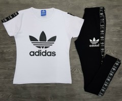 ADIDAS Ladies T-Shirt And Pants Set (WHITE - BLACK) (MD) (S - M - L - XL) (Made in Turkey)