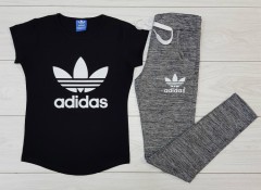 ADIDAS Ladies T-Shirt And Pants Set (BLACK - GRAY) (MD) (S - M - L - XL) (Made in Turkey) 