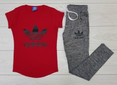 ADIDAS Ladies T-Shirt And Pants Set (RED - GRAY) (MD) (S - M - L - XL) (Made in Turkey) 