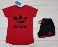 ADIDAS Ladies T-Shirt And Short Set (RED - BLACK) (MD) (M - L - XL) (Made in Turkey) 