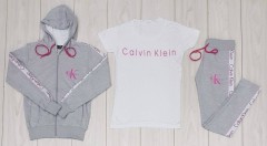 CALVIN KLEIN Turkey Ladies 3 Pcs Sweatshirt + Pant + T-Shirt (WHITE - GRAY) (S - M - L - XL)