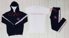 CALVIN KLEIN Turkey Ladies 3 Pcs Sweatshirt + Pant + T-Shirt (NAVY - WHITE) (S - M - L - XL) 