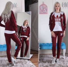 ADIDAS Turkey  Ladies 3 Pcs Sweatshirt + Pant + T-Shirt  (MAROON - WHITE) (S - M - L - XL)